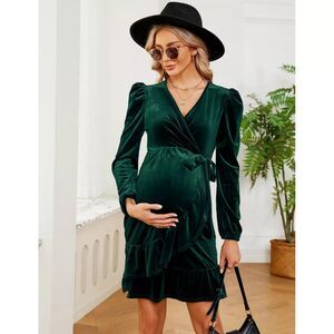 Long Sleeve Maternity Velvet Wrap Belted Dress Size Small